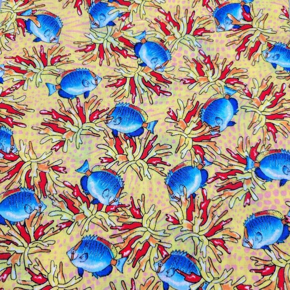 Tropical Fish and Coral Print Yellow Blue Red Cotton Fabric 3 Yards - Picture 2 of 2